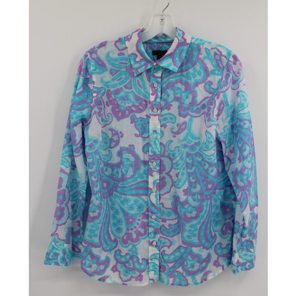 Talbots Lightweight Cotton Button Down Top Medium Petite Blue Paisley